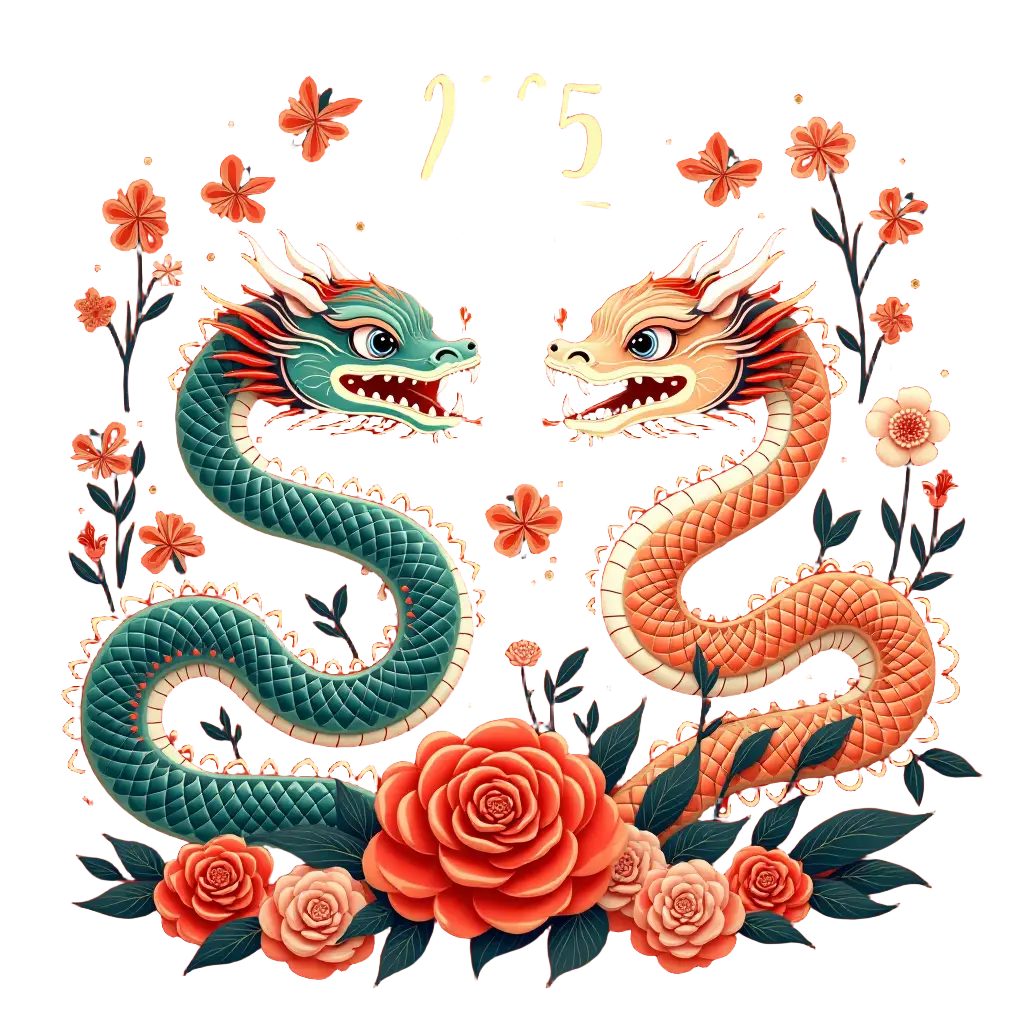 Dual Dragons and Blooming Flowers